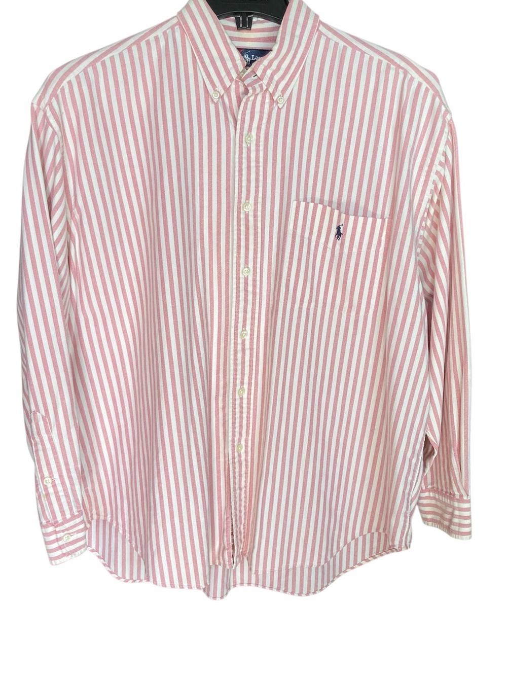Vtg Ralph Lauren Shirt Men’s Sz L Pink White Stripe Big Shirt Button Down 90s